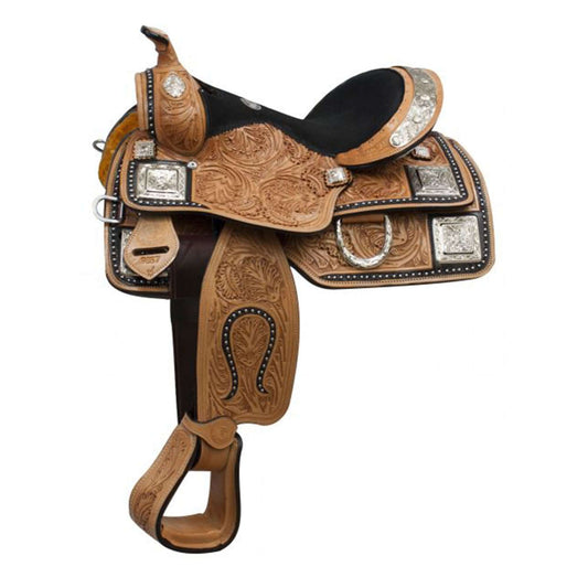 Double T Fully Tooled Youth Show Saddle with Silver - side view